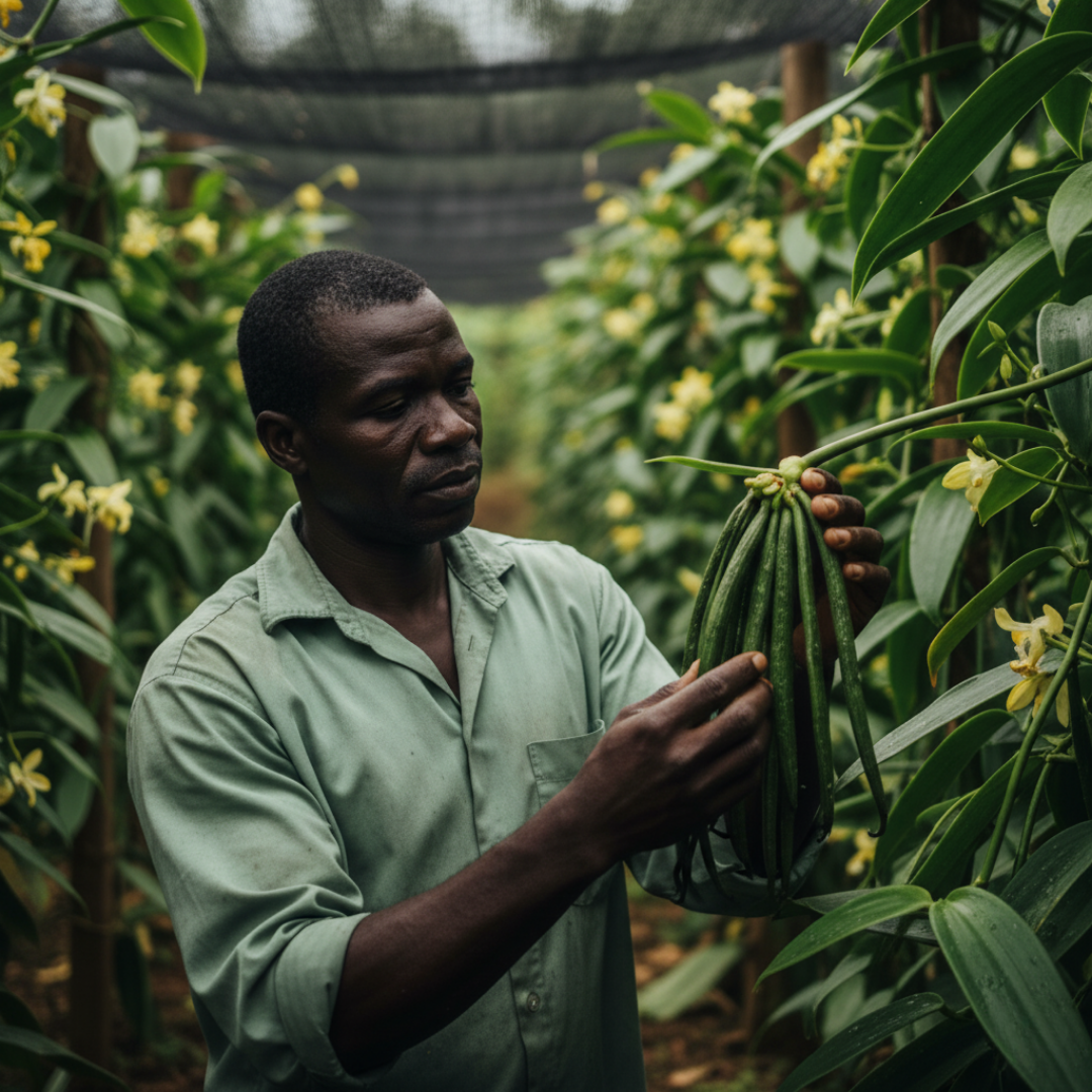 farmer trzymajacy laski wanilii